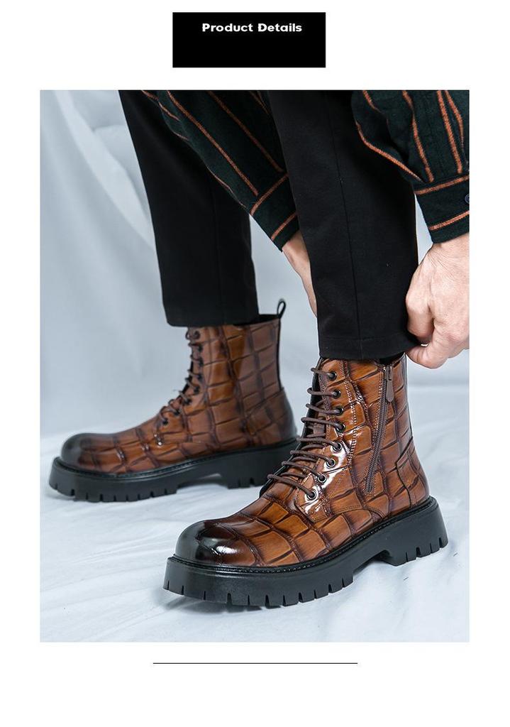 Men's British-Style High-Top Leather Boots: Autumn/Winter Martin Boots with Thick Soles & Lace-Up Design.