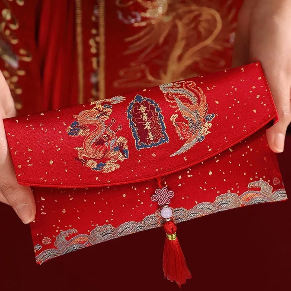 Multiple Patterns Wedding Red Packet Tassel Design Best Wishes Brocade Red Envelope HongBao Embroidery New Year's Blessing Bag