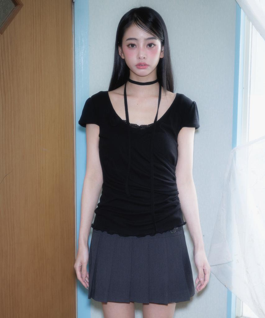 ROSEFRANTZ Corsage Shirring T-Shirt [Black]