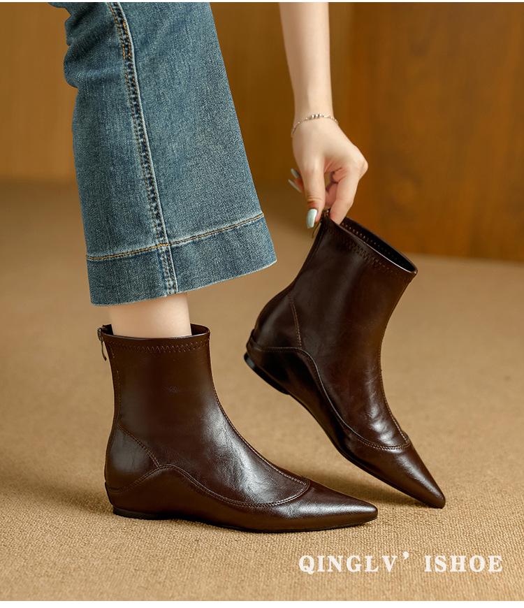 French Stretch Slimming Boots: Autumn/Winter Fleece-lined, Retro Style, Soft Leather, Inner Height Increase, Back Zipper Short Boots