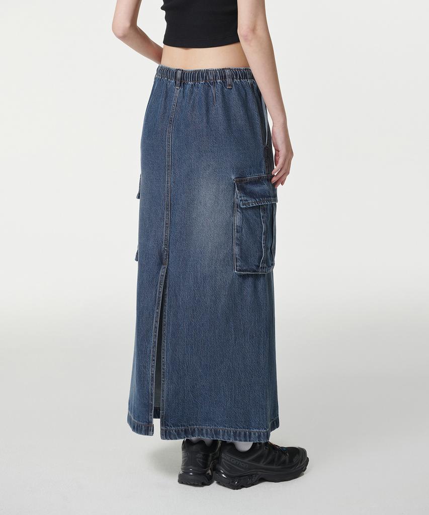 Musinsa Standard Woman Women'S Denim Cargo Elastic Waist Maxi Skirt [Medium Indigo]