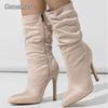 Stivali Eleganti da Donna alla Moda, Pieghettati, a Metà Polpaccio, Punta Sottile, Tacco Alto Sottile, Stivaletti Corti con Zip Laterale, Botas Zapatos De Mujer