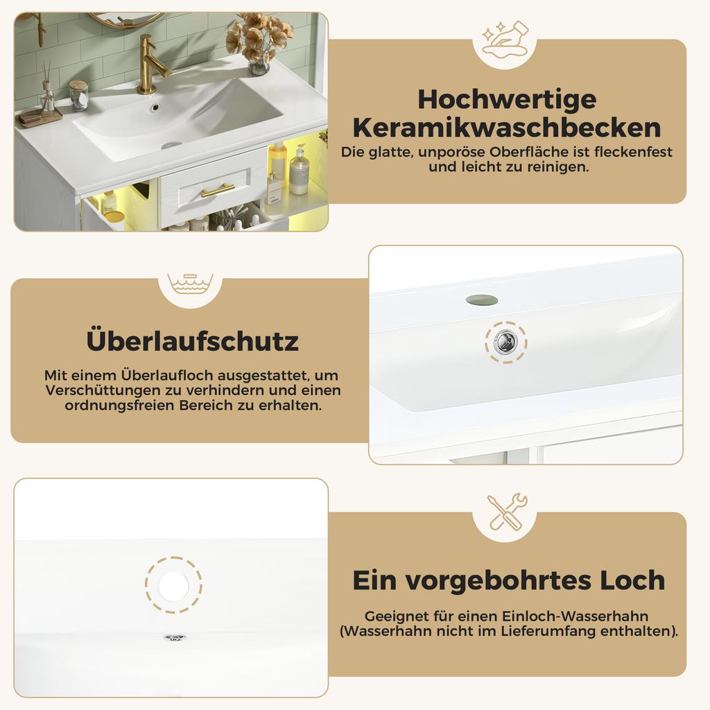 76cm Wall-Mounted Bathroom Cabinet with Sink, White Wood Grain, Fluted Glass Door, LED Lighting, Adjustable Shelves & Drawers, Without Tap