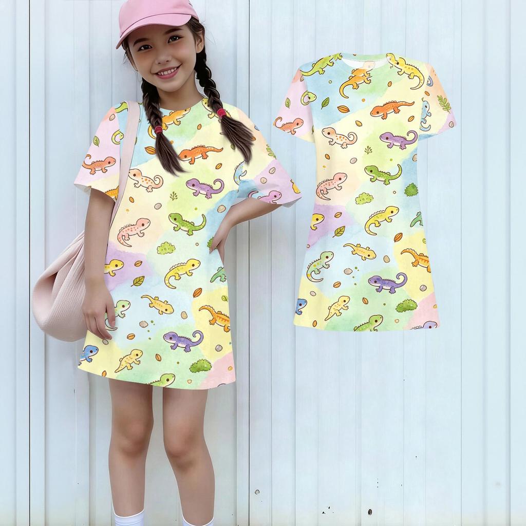 Girls Loose Fit Short Sleeve Dress Kids Round Neck Lightweight Summer Dress with Animal Print Pattern Casual Daily Wear