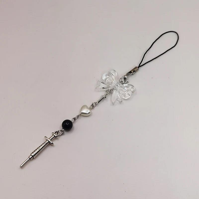 Black Punk Y2K Phone Pendant Chain Cool Girl Sweet Pink Beaded Charm With Cross Butterfly Love Accessories For iPhone Camera Bag 1