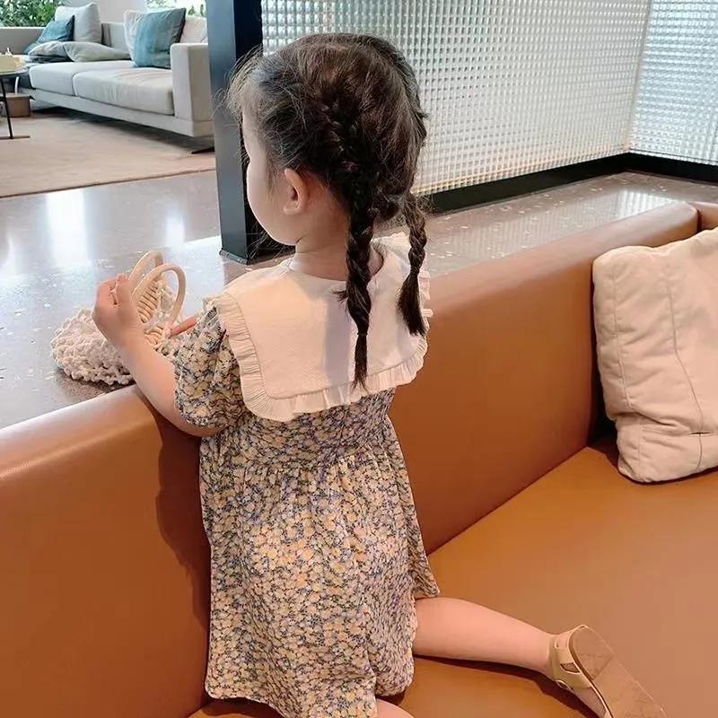 Girls Summer Short Sleeve Floral Dresses Middle Child Cute Doll Collar Princess Dresses
