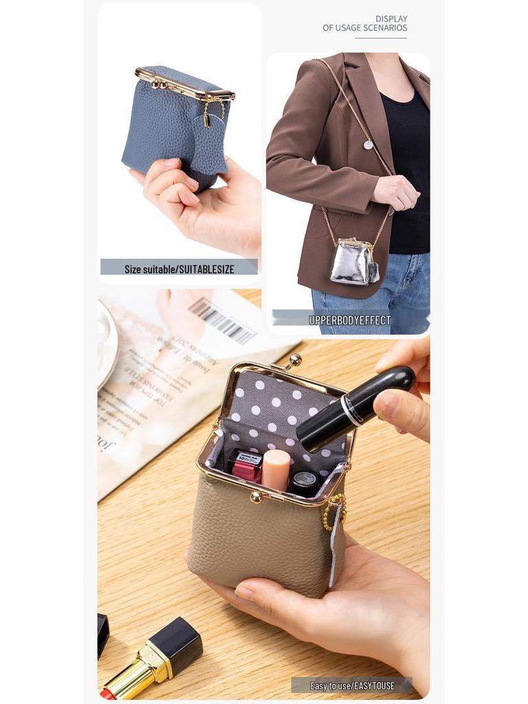 Mini-Lippenstift- und Münzbeutel aus echtem Leder mit Litschi-Muster - Damen-Multifunktions-Aufbewahrungstasche im Ins-Stil