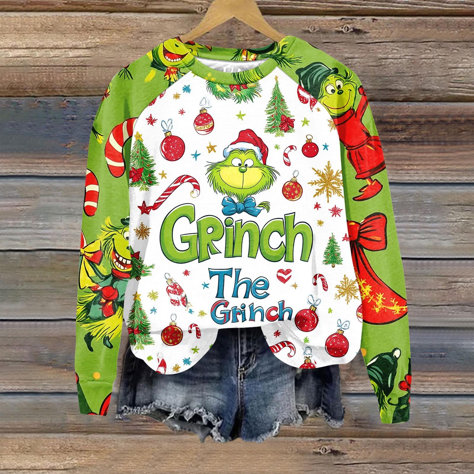 

Женская мода повседневная толстовка с длинным рукавом и рождественским принтом реглан с круглым вырезом M