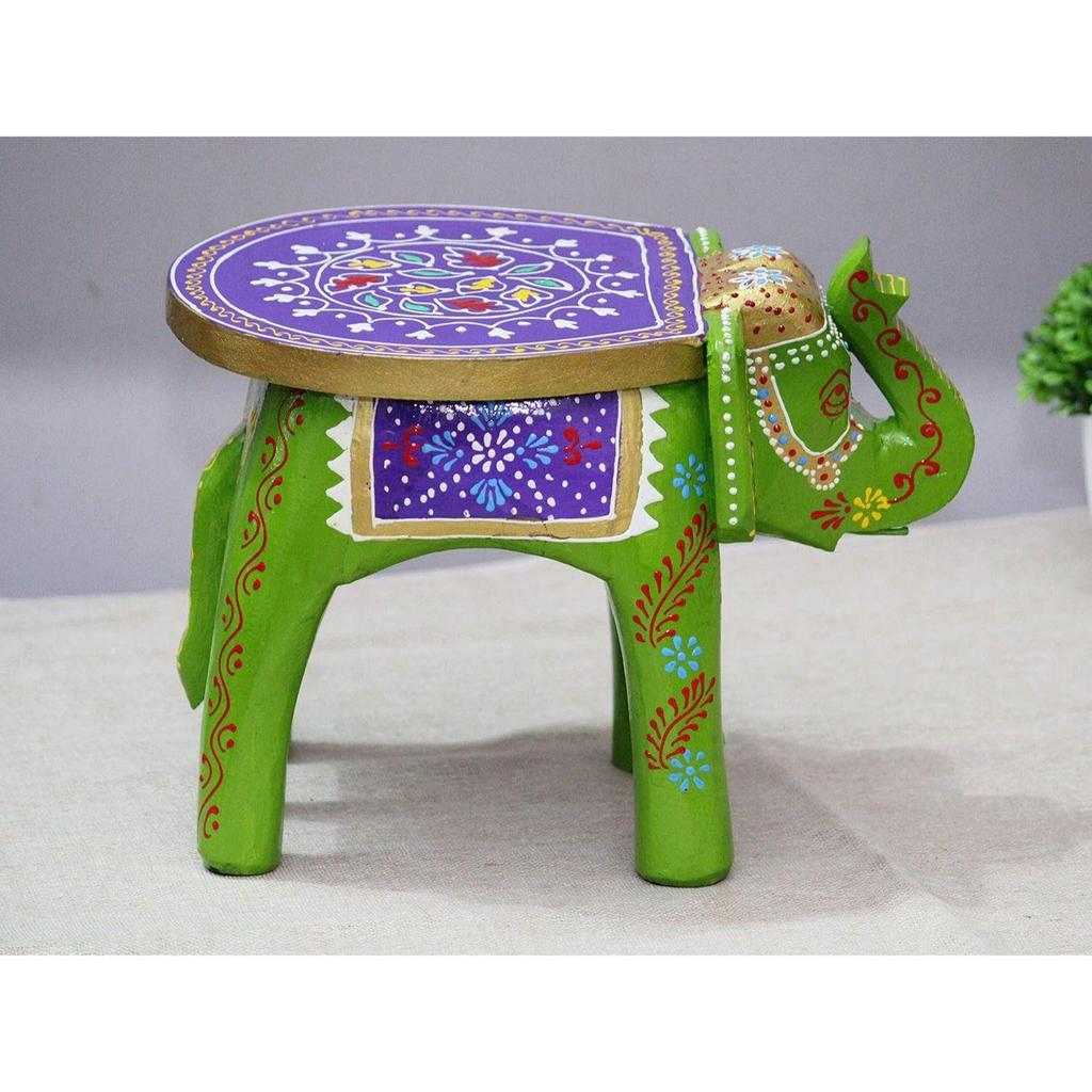 Handcrafted and Emboss Painted Colorful Wooden Elephant Stool/Side Table for Home/Office/Living or Bedroom Decor (Green)