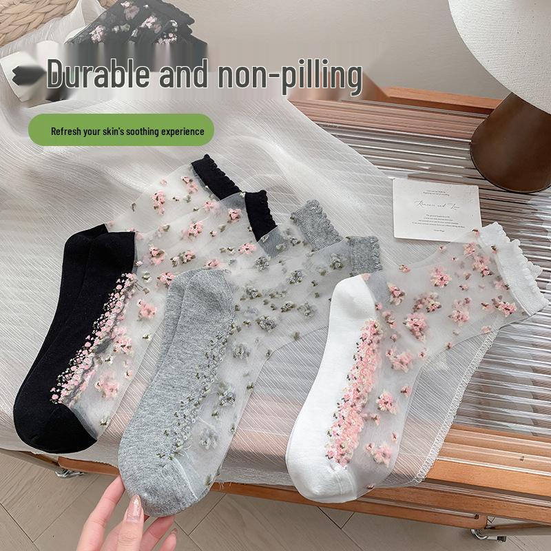 Spring/Summer Floral Lace Mid-Calf Socks - Women's Thin, Anti-Snag, Breathable, Transparent Cotton with Small Flower Design.