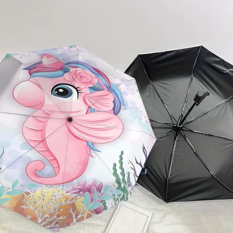 1PC Seahorse, Ocean Umbrella-8-Rib Reinforced Portable Folding Travel Suitable for All Seasons Outdoor Daily Use-Z0476