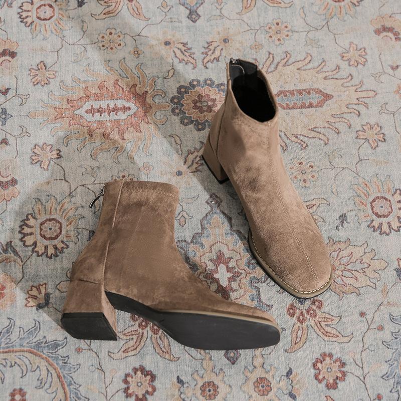 Temperament Suede Thick Heel Short Boots Women's Rear Zipper Autumn and Winter New Comfortable Versatile Square Head Elastic Medium Tube Fashion Boots