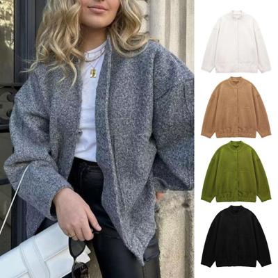 Women Baseball Jacket Stand Collar Buttons Casual Long Sleeve Hidden Jacket Big Pockets Solid Color Jacket Coat