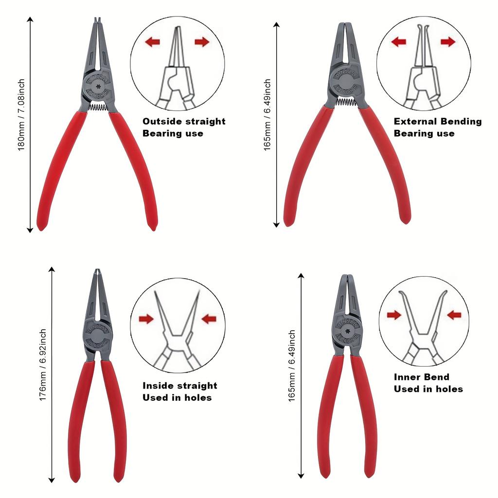 4 pcs 7 inch Circlip Pliers for Removing Installing Gearshift Locking Rings Special Angle Tip Circlip Retaining Ring Pliers Tool