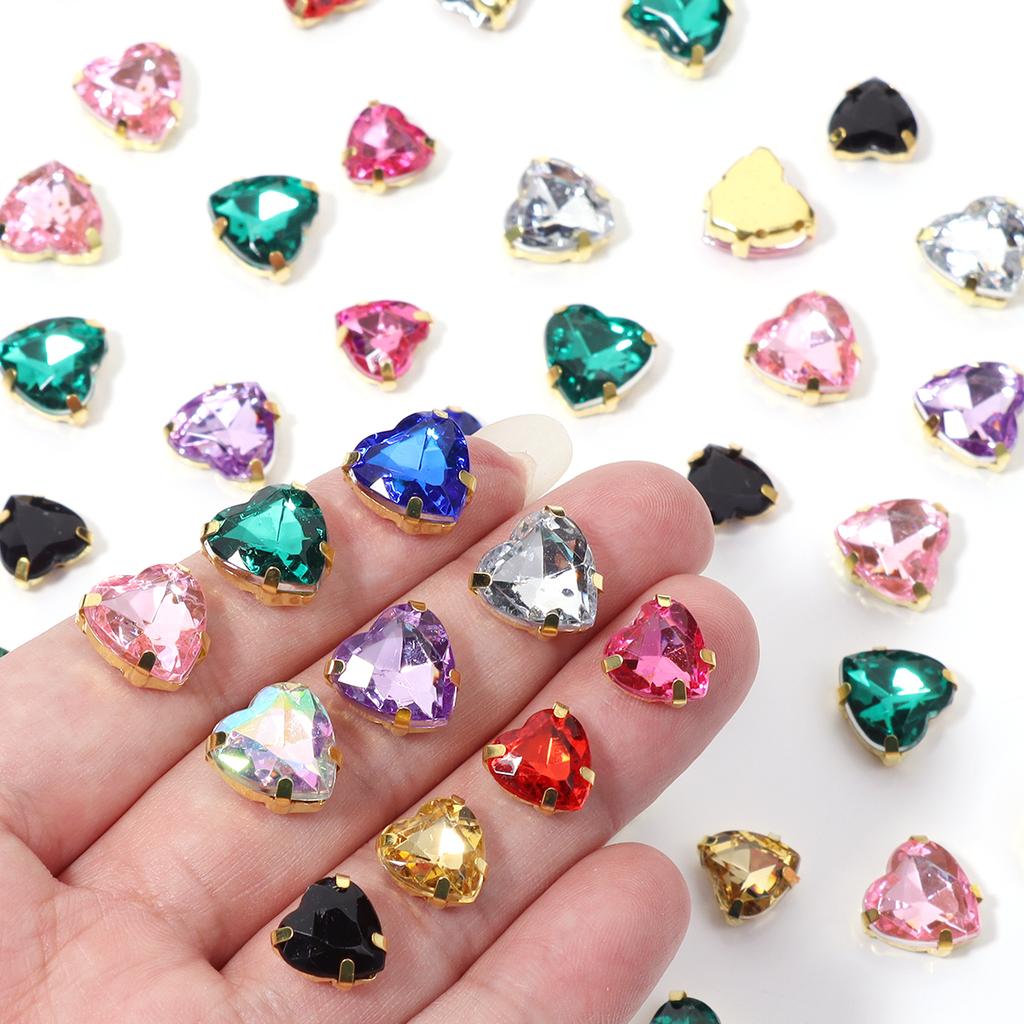 30pcs/lot 10/12mm Heart Shape Acrylic Sew On Rhinestones Stainless Steel Golden Claw Beads For DIY Clothes Jewelry Decoration