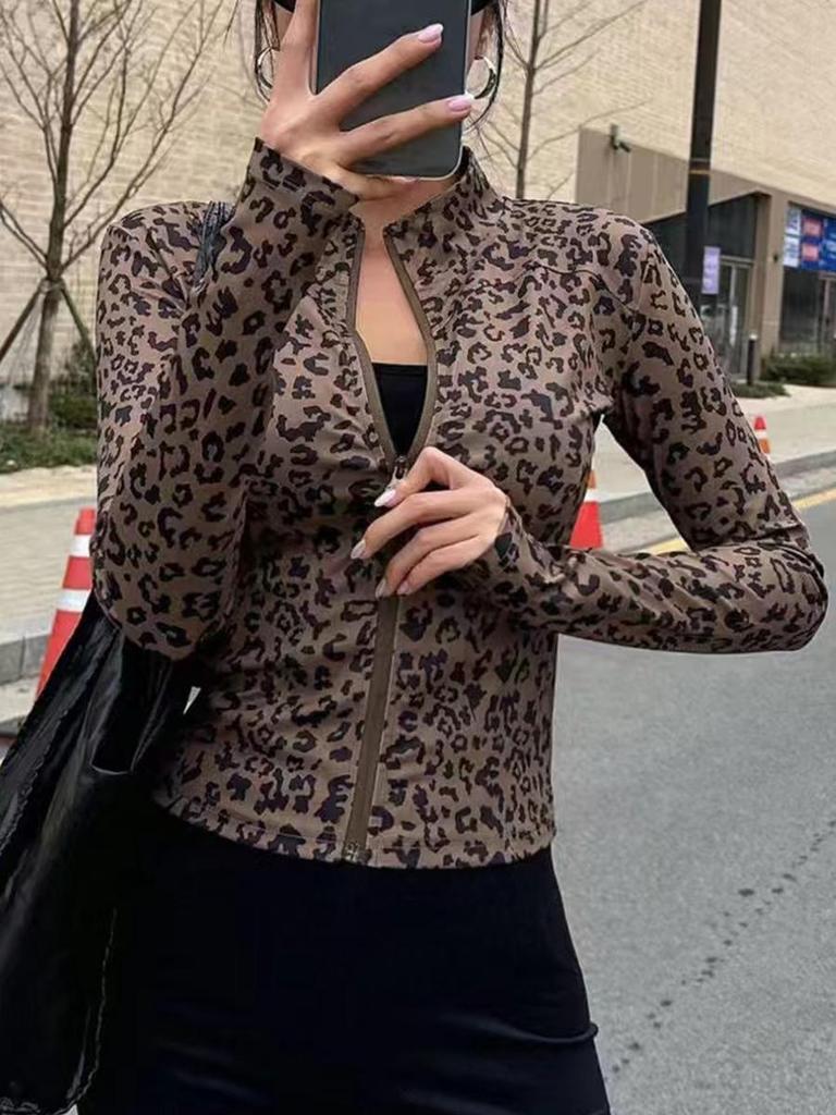 Spring Autumn New Fashion Sexy Slim Fit Long Sleeve Leopard Women's Coat