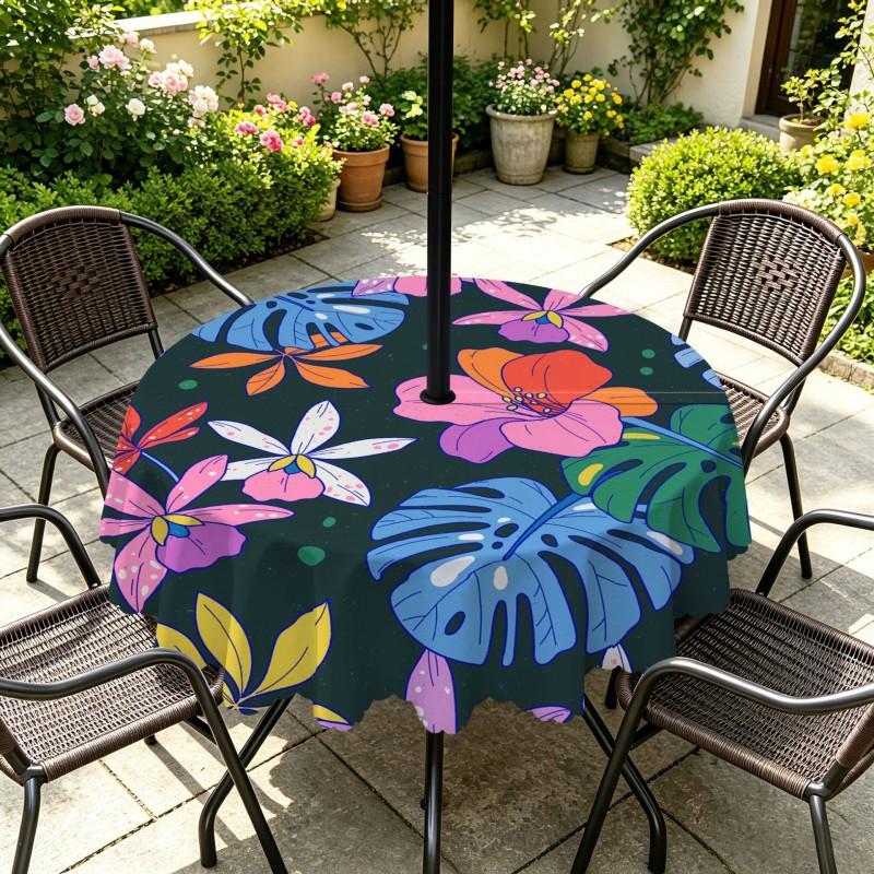 Outdoor Round Tablecloth With Umbrella Hole Waterproof Oil Resistant Floral Leaf Patio Garden Deck