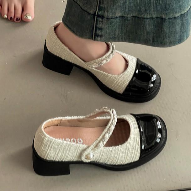 Retro Temperament Pearl Single Shoes Round Head Mary Jane Small Leather Shoes Women's Summer New Color Matching