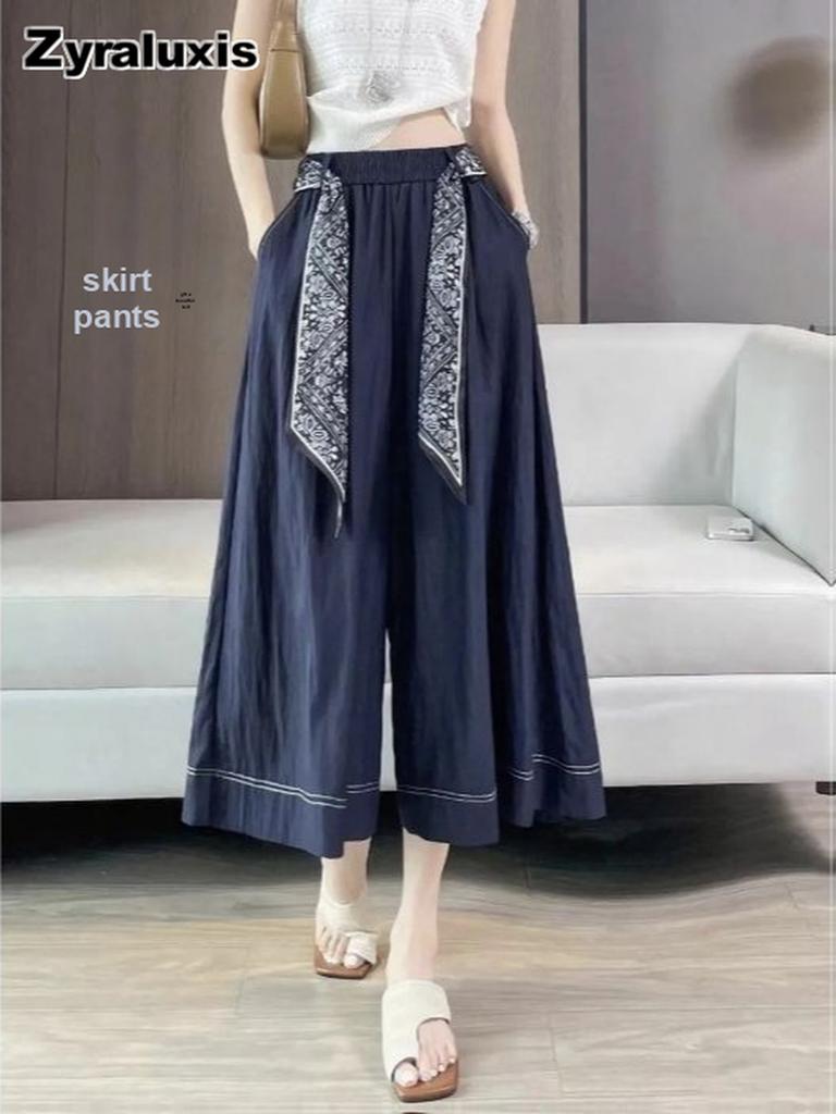 Navy Blue Versatile Casual Dress Pants for Women Summer Thin New High Waist Draped Slimming Seven-Five Hips Wide Leg Pants