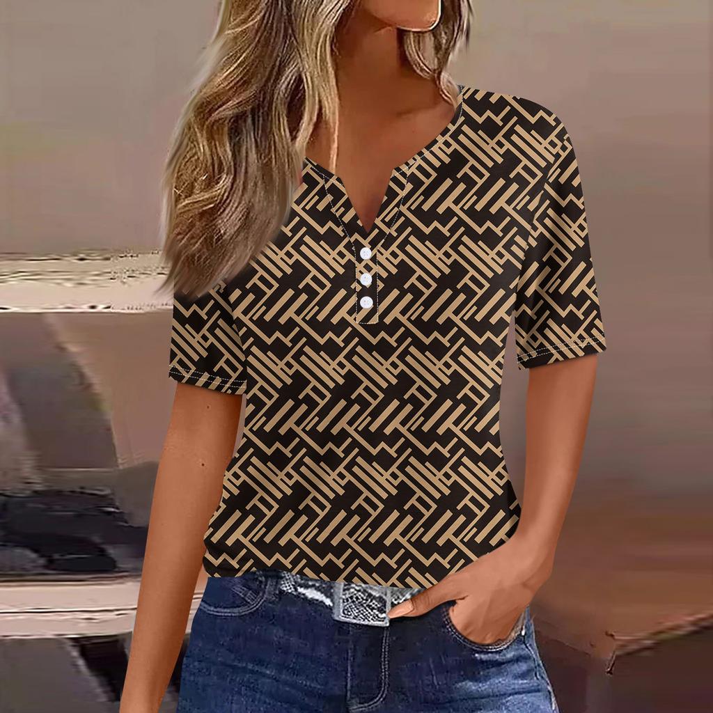 Women's T Shirt Tee Print Button Short Sleeve Daily Weekend Fashion Basic V- Neck Regular Top