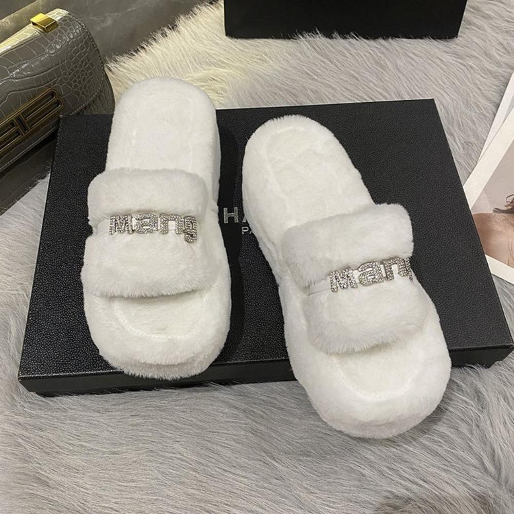 Mode Zuhause Fellige Fell-Pantoletten Plüsch-Hausschuhe Flauschige Flip-Flops Luxus Slipper Plateau Damen Modeschuh 2024 Zapato De Mujer Designer