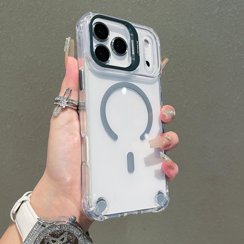 For iPhone 17 Pro Magnetic Case TPU PC Clear Kickstand Phone Cover with Tempered Glass Lens Films