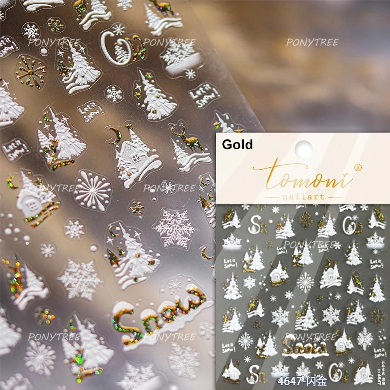 Gold Stamped Snowflake Stars White Christmas Tree Red Bowknot Cute 3D Nail Art Stickers Xmas Lovely Manicure Decals