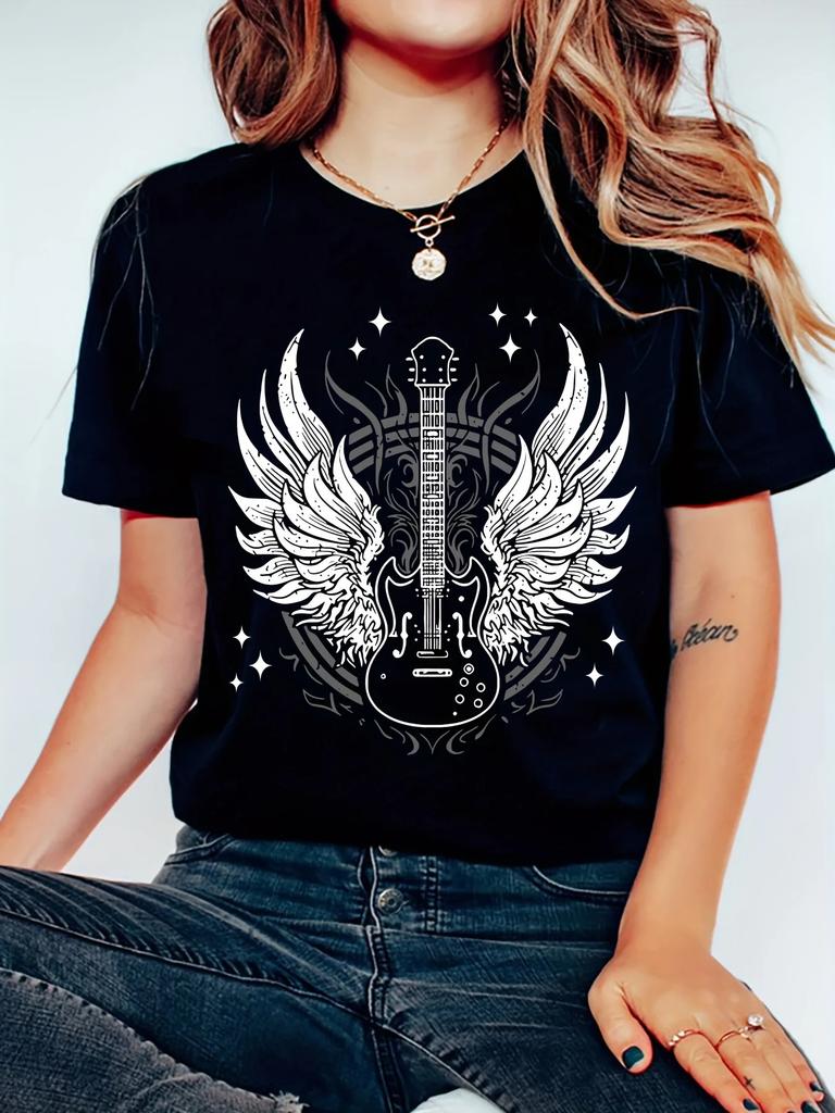 Unisex Guitar Wings  Print Sports T-Shirt Round Neck Short Sleeve Workout Shirts Sportswear for Women Harajuku Goth Tops