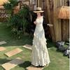 French Beautiful Polka Dot Suspender Dress Women's Gentle Wind White Ruffle Edge Waist Slim and Thin Temperament Long Dress