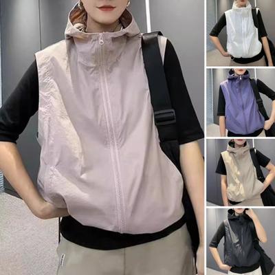 Women Ves Hooded Zipper Closure Cardigan Sleeveless Drawstring Hem Solid Color Loose Sun Protection Casual Sports Daily Life Outing Waistcoat