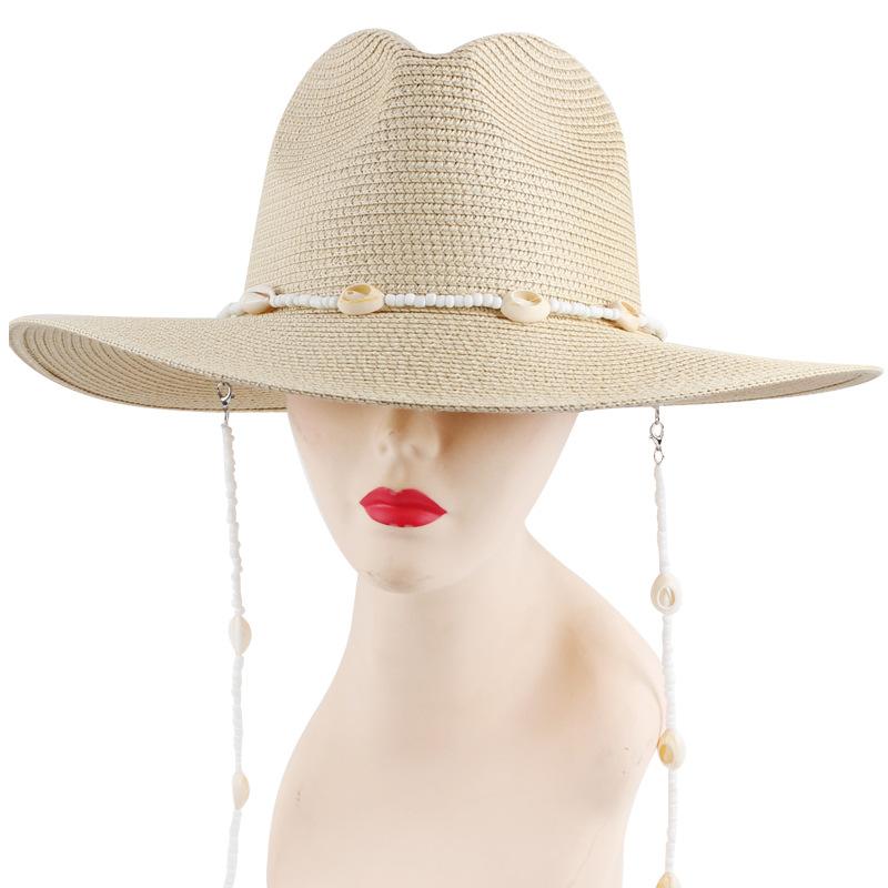 Chapeaux Panama d'été pour femmes avec longue chaîne de coquillage conque Chapeaux Jazz en paille Bohème Chapeau de soleil Chapeaux Fedora Vintage pour hommes Chapeaux de créateur