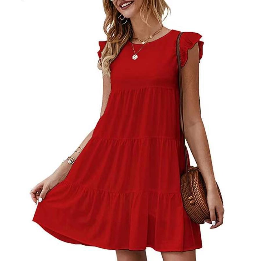New Summer Solid Color Crew Neck Short Sleeve Dress Casual Ruffled High-Waisted Swing Dress