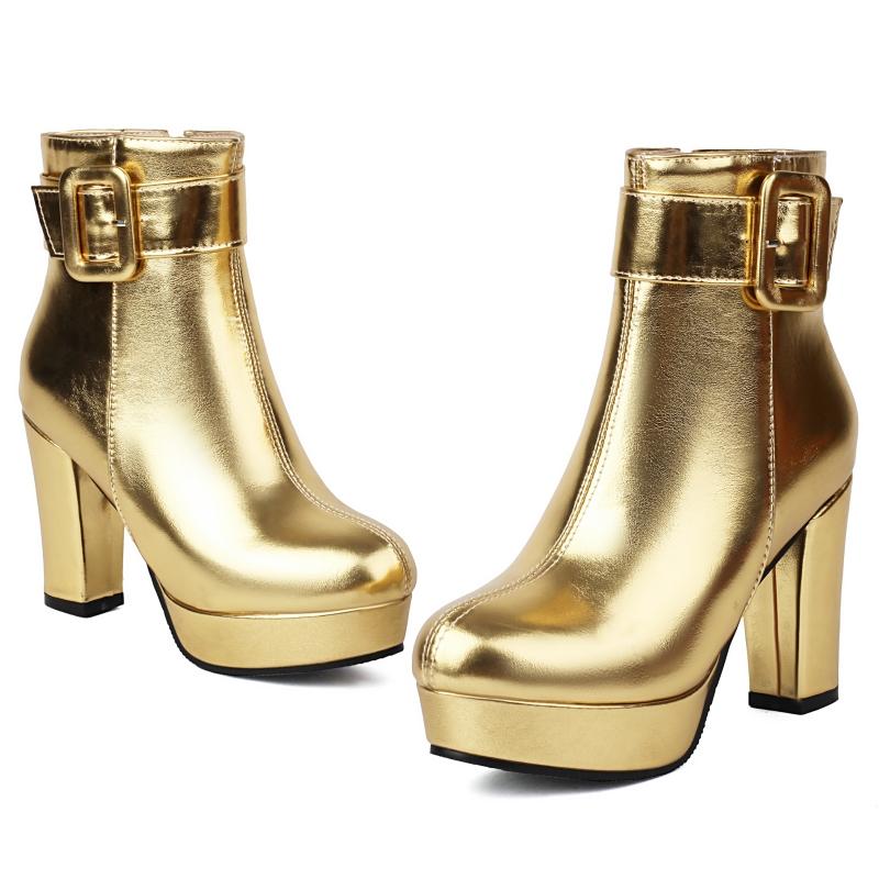 Luxuriöse Damen Stiefeletten High Heels Plateau Kurzer Stiefel Reißverschluss Gold Silber Rosa Rot Party Tanzschuhe Damen Übergröße 45 48