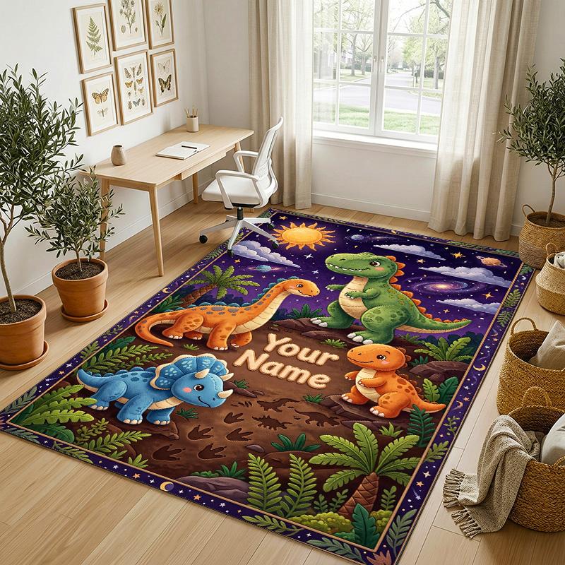 Dinosaur Theme Crystal Velvet Rug Personalized Custom Name Text Soft Floor Mat Home Decor