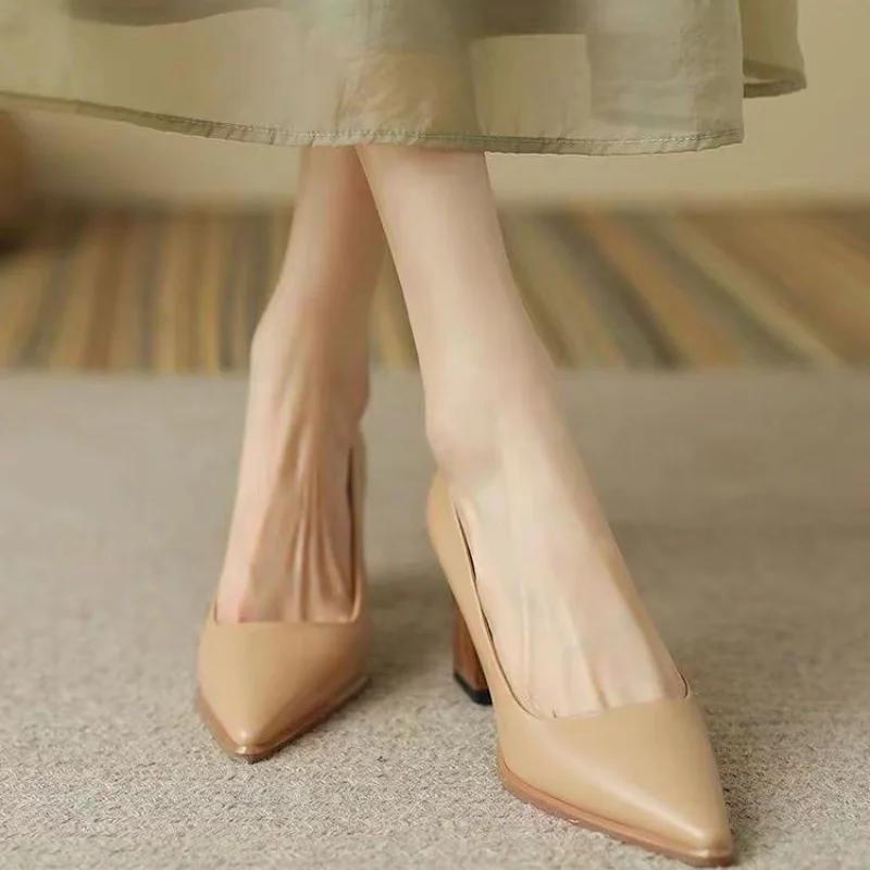 Fashion Shoes For Women Block Heel Luxury Leather Casual High Heels Woman Footwear Formal Pointed Toe Y2k Chic And Elegant E 39 Young L