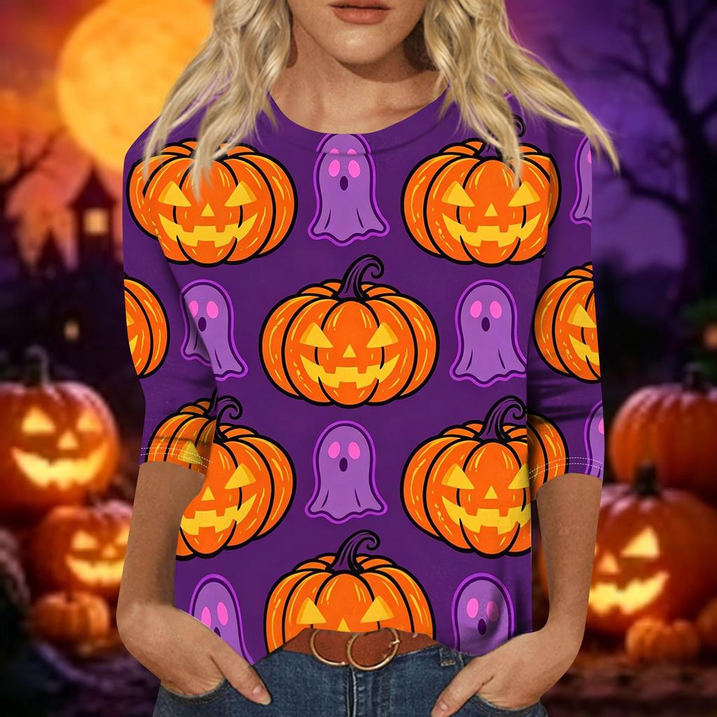 Women's Casual Halloween Print Top Three Quarter Sleeve Crew Neck Shirt Lightweight Comfortable Fit Seasonal Design