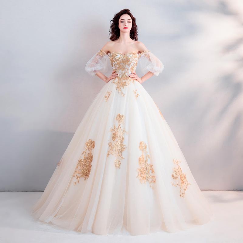 Palace Style Golden Three-dimensional Embroidery Bride Perspective Long-sleeved Wedding Dress