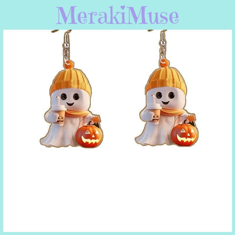 Themed Halloween Cartoon Ghost Milk Tea Pumpkin Pattern Women Earrings Acrylic