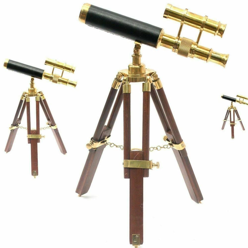 Brass Telescope With Wooden Tripod Stand Maritime Nautical Vintage Desk Décor