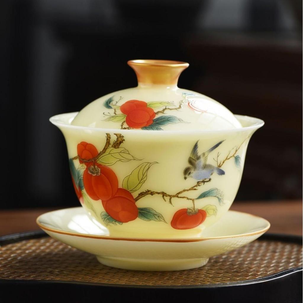 Premium Jade Porcelain Gaiwan Tea Set - Large Capacity, Three-Piece Hovering Brewer for Home Use and Souvenir Gifts