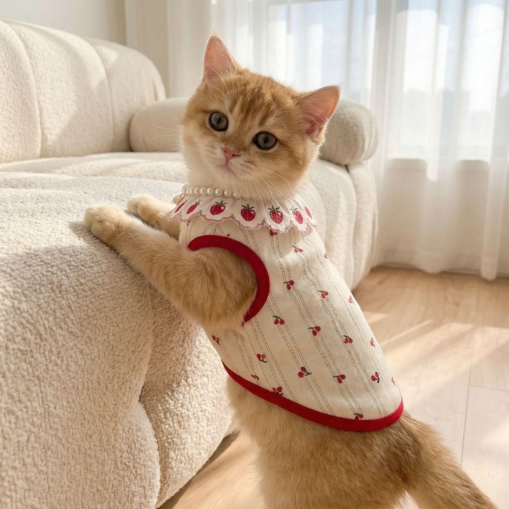 Ruffled Collar Cat Strawberry Vest Cherry Pattern Pet T-shirt Dogs Short Sleeve  Summer Spring