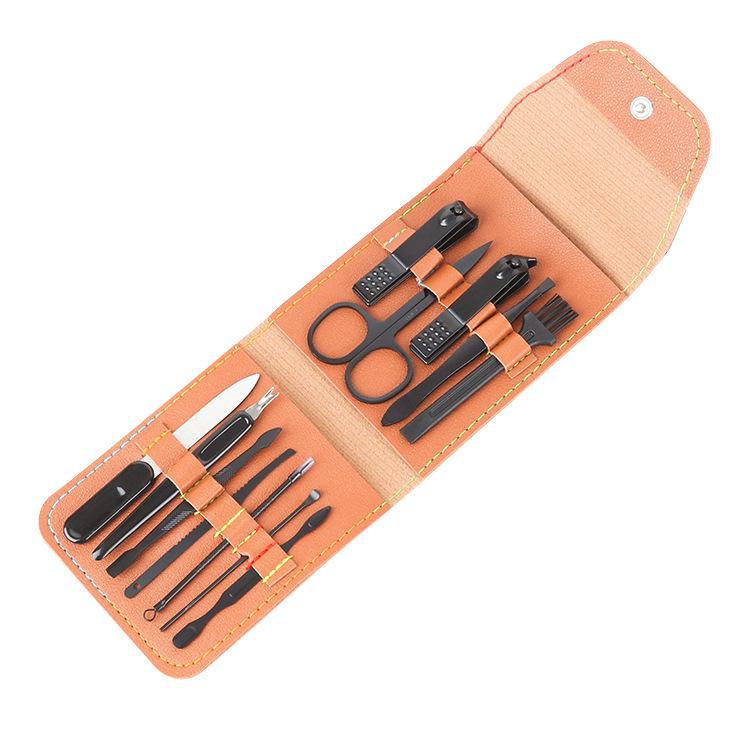 Black 12-Piece Nail Clipper Set with Custom Logo Options for Home Beauty and Manicure.