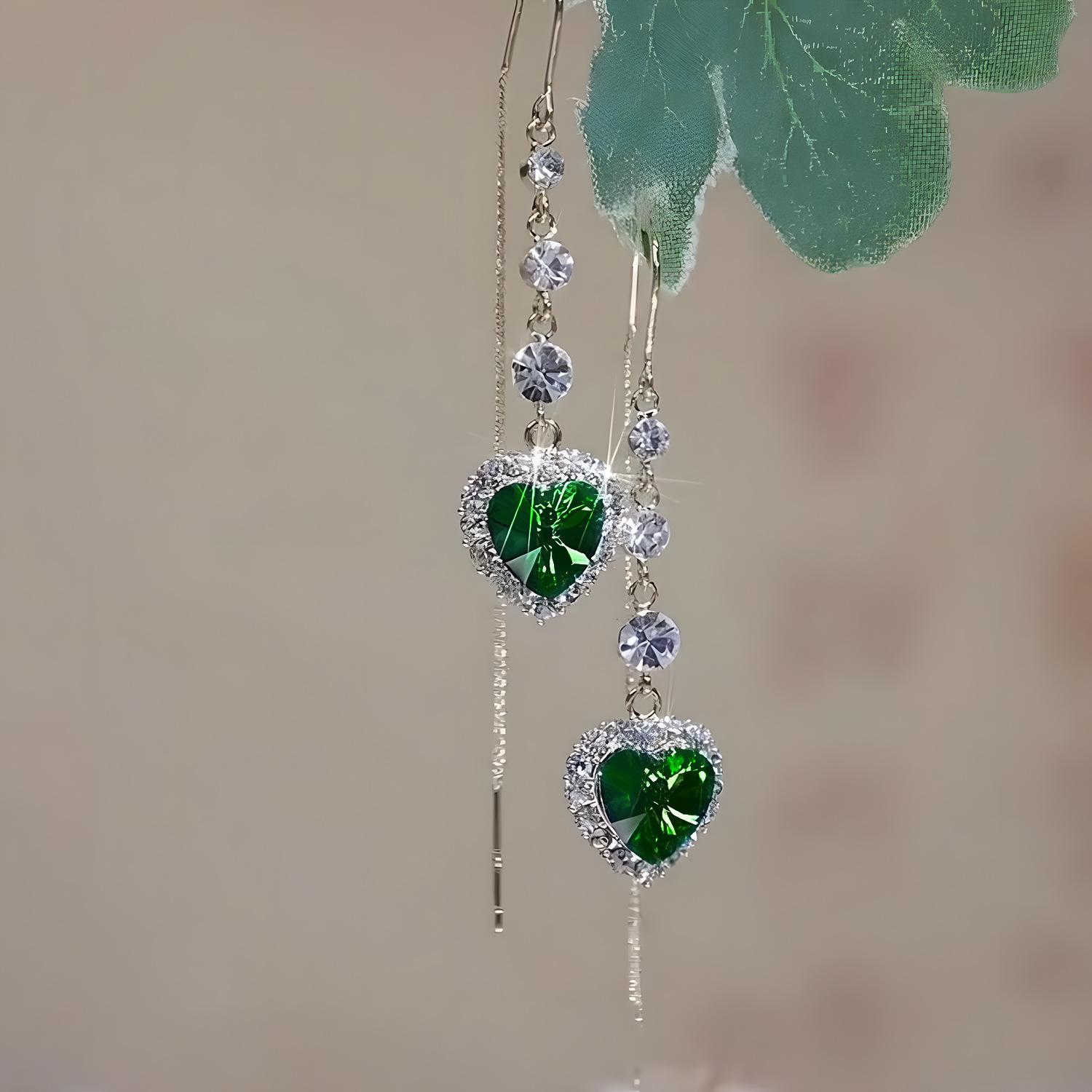 

Изысканные серьги с цирконом в форме голубого сердца для женщин, роскошные серьги-подвески с длинной кисточкой, свадебные украшения для женщин AVE зелёный