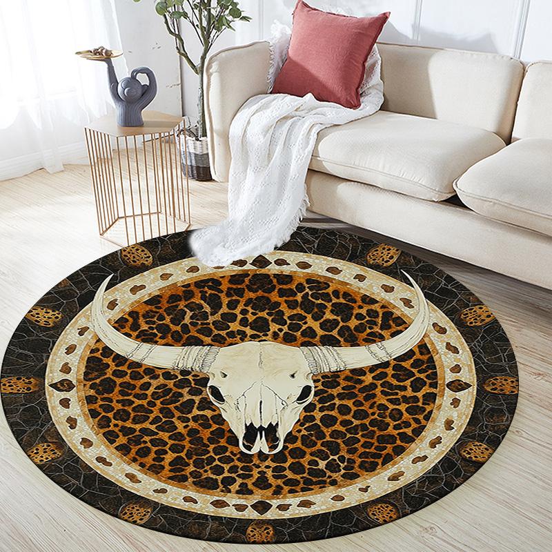 Leopard Print Bull Skull Round Area Rug,Carpet Rug for Living Room Bedroom Sofa Playroom Decor,Non-slip Floor Mat