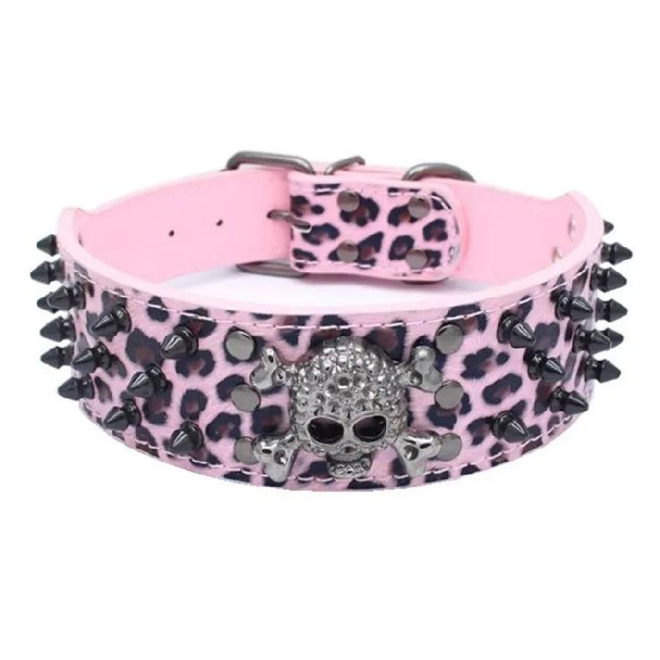 2" Wide Spiked Studded Leather Dog Collar Bullet Rivets with Cool Skull Pet Accessories for Meduim Large Dogs Pitbull Boxer XS-L