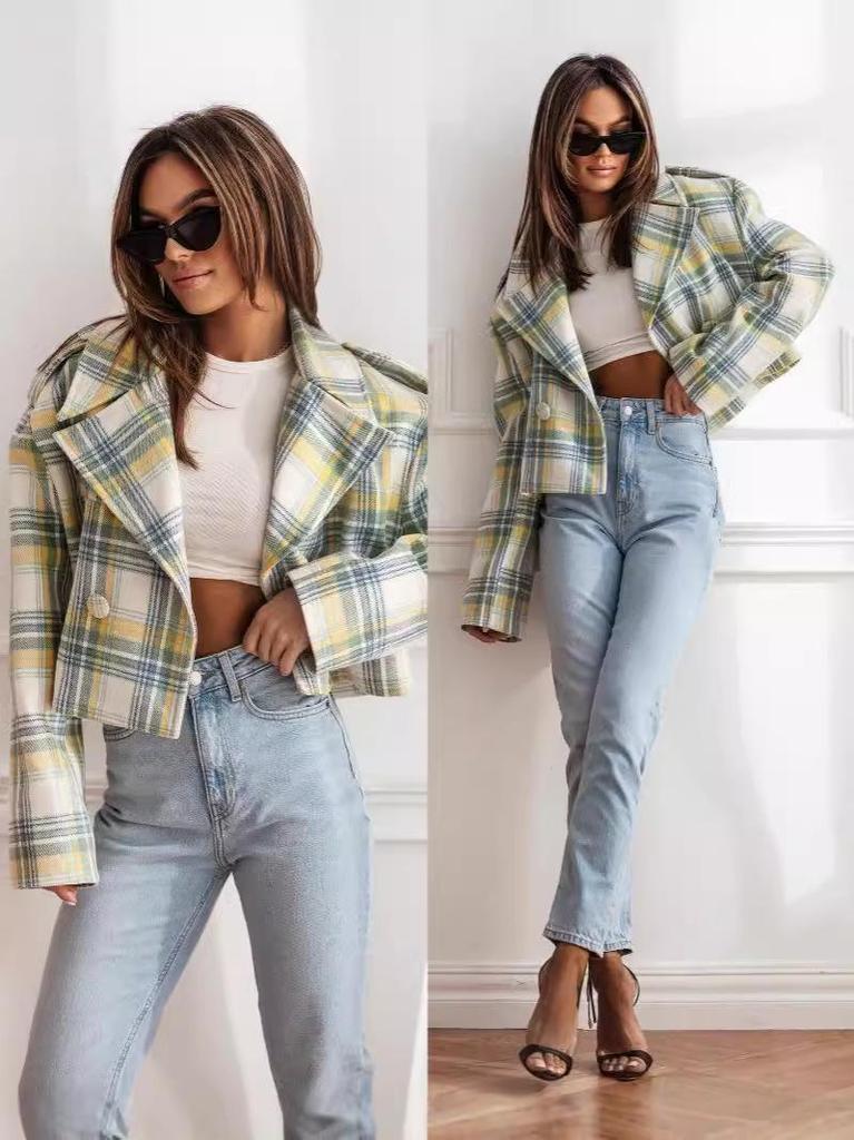 Autumn Plaid Woolen Lapel Jacket - British Style Cropped Design