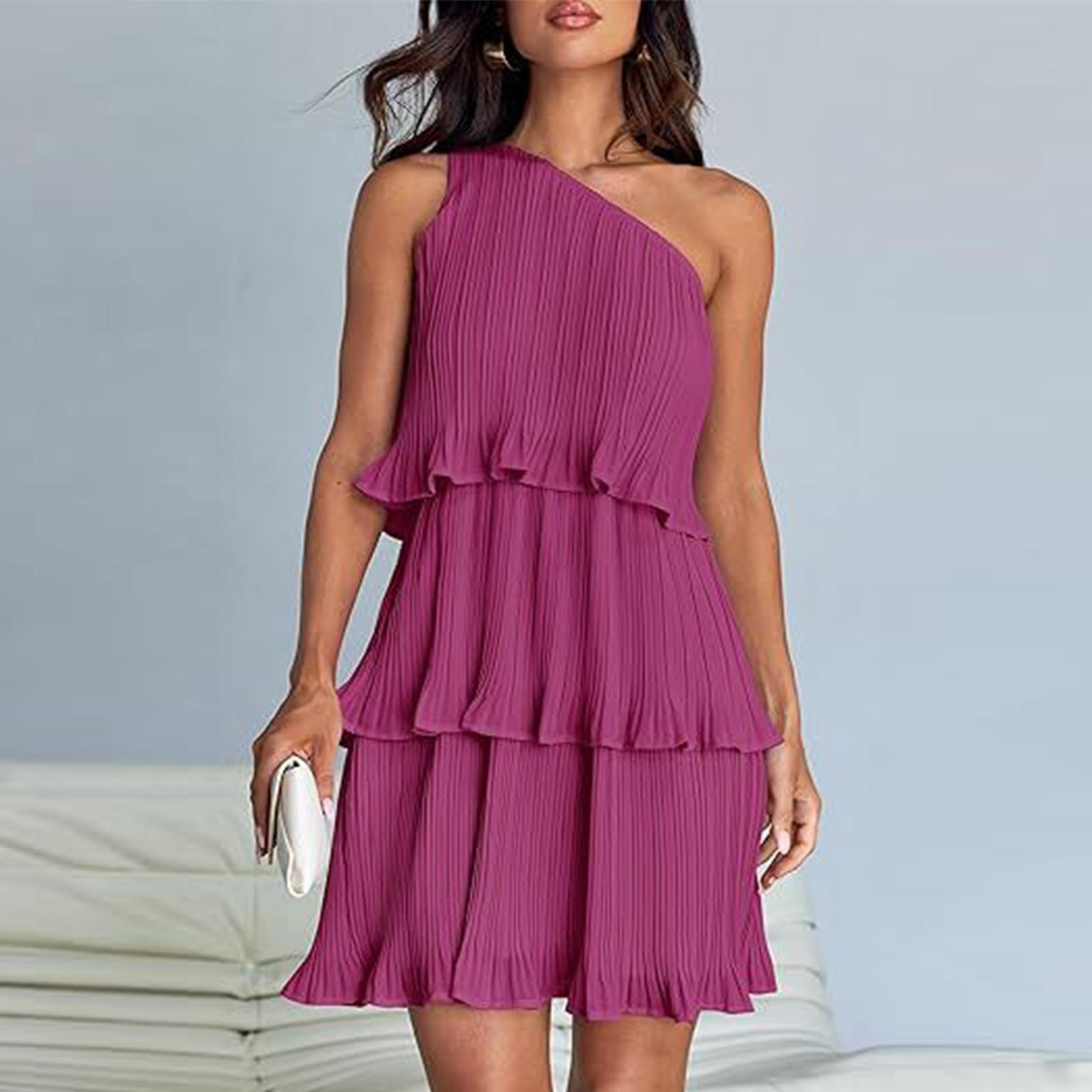 

Женское летнее платье без рукавов 2024, бохо на одно плечо с рюшами, многослойные шифоновые струящиеся платья трапециевидной формы XL фиолетовый