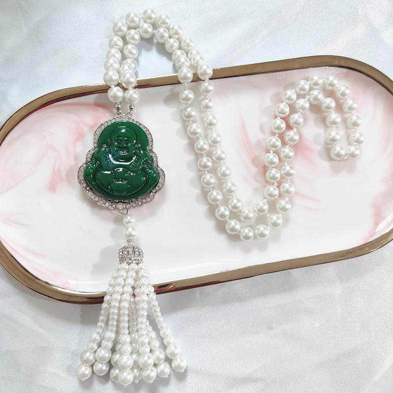 Luxury Imitation Chalcedony Buddha Sweater Chain Necklace - Autumn/Winter Fashionable Versatile Accessory for Women