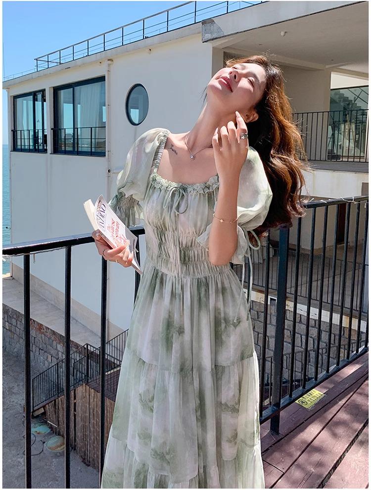 French Romantic Square Neck Floral Dress for Spring & Autumn 2026 - Gentle, Elegant, Long Fairy Vacation Dress