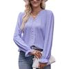 Spring and Autumn Women's Solid Colour Hole Lace V-Neck Long Sleeve Top